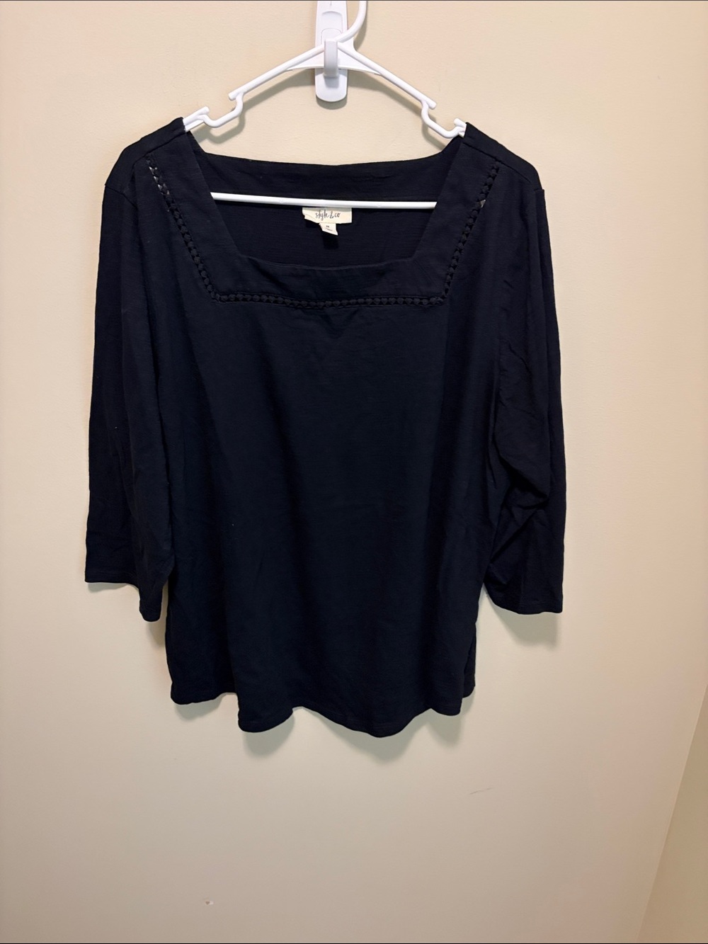 Style & Co. Black Square Scoop Neck 3/4 Sleeve Top